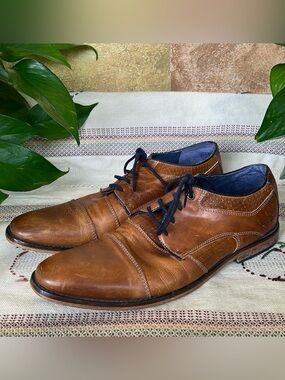 Manfield Men’s Leather Cognac Brown Oxford Ankle Dress Pointy Toe Shoes, Size 10